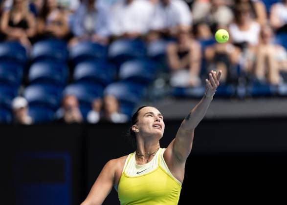 (250115) -- MELBOURNE, Jan. 15, 2025 -- Aryna Sabalenka serves during the women s singles 2nd round match between Aryna Sabalenka of Belarus and Jessica Bouzas Maneiro of Spain at Australian Open tennis tournament in Melbourne, Australia, Jan. 15, 2025. (Photo by Xinhua) (SP)AUSTRALIA-MELBOURNE-TENNIS-AUSTRALIAN OPEN-DAY 4 HuxJingchen 