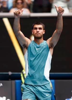 (250115) -- MELBOURNE, Jan. 15, 2025 -- Carlos Alcaraz celebrates winning the men s singles 2nd round match between Carlos Alcaraz of Spain and Nishioka Yoshihito of Japan at Australian Open tennis tournament in Melbourne, Australia, Jan. 15, 2025. ) (SP)AUSTRALIA-MELBOURNE-TENNIS-AUSTRALIAN OPEN-DAY 4 MaxPing 