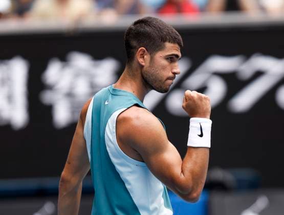 (250115) -- MELBOURNE, Jan. 15, 2025 -- Carlos Alcaraz celebrates winning the men s singles 2nd round match between Carlos Alcaraz of Spain and Nishioka Yoshihito of Japan at Australian Open tennis tournament in Melbourne, Australia, Jan. 15, 2025. ) (SP)AUSTRALIA-MELBOURNE-TENNIS-AUSTRALIAN OPEN-DAY 4 MaxPing 