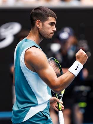 (250115) -- MELBOURNE, Jan. 15, 2025 -- Carlos Alcaraz celebrates winning the men s singles 2nd round match between Carlos Alcaraz of Spain and Nishioka Yoshihito of Japan at Australian Open tennis tournament in Melbourne, Australia, Jan. 15, 2025. ) (SP)AUSTRALIA-MELBOURNE-TENNIS-AUSTRALIAN OPEN-DAY 4 MaxPing 