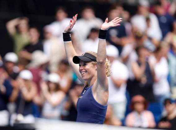(250115) -- MELBOURNE, Jan. 15, 2025 -- Laura Siegemund celebrates after winning the women s singles 2nd round match between Zheng Qinwen of China and Laura Siegemund of Germany at Australian Open tennis tournament in Melbourne, Australia, Jan. 15, 2025. ) (SP)AUSTRALIA-MELBOURNE-TENNIS-AUSTRALIAN OPEN-DAY 4 MaxPing 