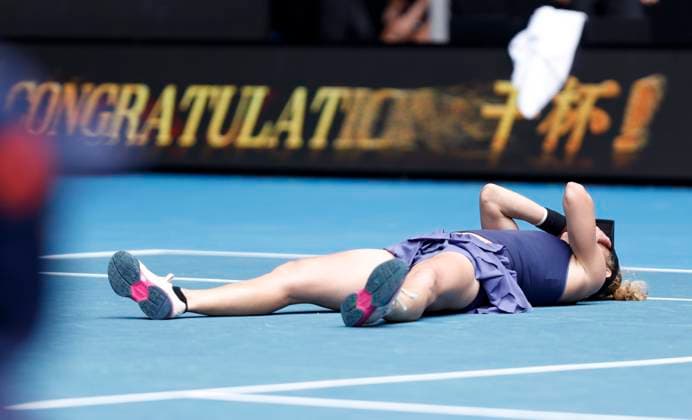 (250115) -- MELBOURNE, Jan. 15, 2025 -- Laura Siegemund celebrates after winning the women s singles 2nd round match between Zheng Qinwen of China and Laura Siegemund of Germany at Australian Open tennis tournament in Melbourne, Australia, Jan. 15, 2025. ) (SP)AUSTRALIA-MELBOURNE-TENNIS-AUSTRALIAN OPEN-DAY 4 MaxPing 