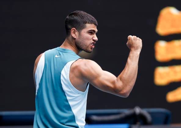 (250115) -- MELBOURNE, Jan. 15, 2025 -- Carlos Alcaraz celebrates winning the men s singles 2nd round match between Carlos Alcaraz of Spain and Nishioka Yoshihito of Japan at Australian Open tennis tournament in Melbourne, Australia, Jan. 15, 2025. ) (SP)AUSTRALIA-MELBOURNE-TENNIS-AUSTRALIAN OPEN-DAY 4 MaxPing 