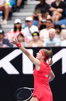 (250115) -- MELBOURNE, Jan. 15, 2025 -- Karolina Muchova serves during the women s singles 2nd round match between Osaka Naomi of Japan and Karolina Muchova of the Czech Republic at Australian Open tennis tournament in Melbourne, Australia, Jan. 15, 2025. ) (SP)AUSTRALIA-MELBOURNE-TENNIS-AUSTRALIAN OPEN-DAY 4 MaxPing 