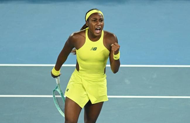 TENNIS AUSTRALIAN OPEN, Coco Gauff of USA celebrates before winning her round 2 match against Jodie Burrage of Great Britain during the 2025 Australian Open at Melbourne Park in Melbourne, Wednesday, January 15, 2025. ( NO ARCHIVING, EDITORIAL USE ONLY, NO USE IN BOOKS WITHOUT CONSENT MELBOURNE VICTORIA AUSTRALIA  Copyright: xLUKASxCOCHx 20250115138962853235