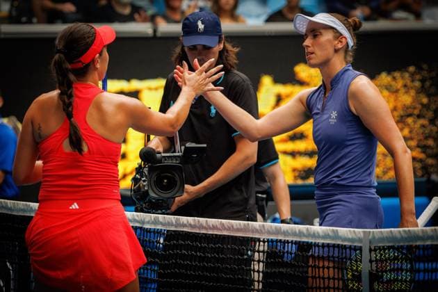 American Jessica Pegula and Belgian Elise Mertens shake hands after their tennis match in the second round of the women s singles at the Australian Open Grand Slam tennis tournament, Wednesday 15 January 2025 in Melbourne Park, Melbourne, Australia. The 2025 edition of the Australian Grand Slam takes place from January 12th to January 26th. PATRICKxHAMILTON  x110456130x