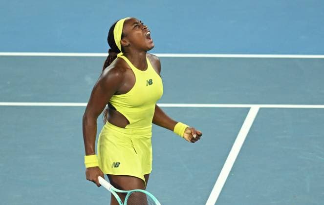 TENNIS AUSTRALIAN OPEN, Coco Gauff of USA celebrates before winning her round 2 match against Jodie Burrage of Great Britain during the 2025 Australian Open at Melbourne Park in Melbourne, Wednesday, January 15, 2025. ( NO ARCHIVING, EDITORIAL USE ONLY, NO USE IN BOOKS WITHOUT CONSENT MELBOURNE VICTORIA AUSTRALIA  Copyright: xLUKASxCOCHx 20250115190784163684