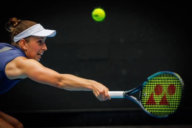 Belgian Elise Mertens pictured in action during a tennis match against American Pegula, in the second round of the women s singles at the Australian Open Grand Slam tennis tournament, Wednesday 15 January 2025 in Melbourne Park, Melbourne, Australia. The 2025 edition of the Australian Grand Slam takes place from January 12th to January 26th. PATRICKxHAMILTON  x110456582x