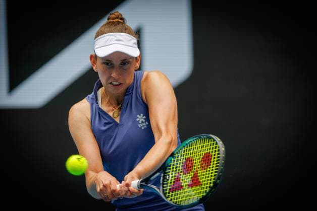 Belgian Elise Mertens pictured in action during a tennis match against American Pegula, in the second round of the women s singles at the Australian Open Grand Slam tennis tournament, Wednesday 15 January 2025 in Melbourne Park, Melbourne, Australia. The 2025 edition of the Australian Grand Slam takes place from January 12th to January 26th. PATRICKxHAMILTON  x110456692x