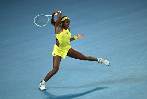 TENNIS AUSTRALIAN OPEN, Coco Gauff of USA in action during her round 2 match against Jodie Burrage of Great Britain during the 2025 Australian Open at Melbourne Park in Melbourne, Wednesday, January 15, 2025. ( NO ARCHIVING, EDITORIAL USE ONLY, NO USE IN BOOKS WITHOUT CONSENT MELBOURNE VICTORIA AUSTRALIA  Copyright: xLUKASxCOCHx 20250115125047691267
