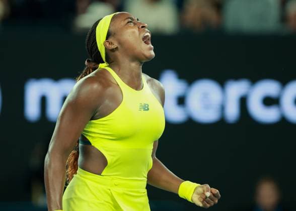 Coco Gauff makes a fist and cheers, cheers, joy, emotion, Australian Open 2024, Melbourne Park, Melbourne, Victoria, Australia Copyright: xJuergenxHasenkopfx