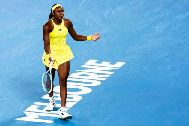 MELBOURNE, VIC - JANUARY 15: Coco Gauff of the United States of America shows her frustration during Round 2 of the 2025 Australian Open on January 15 2025, at Melbourne Park in Melbourne, Australia. (Photo by Jason Heidrich Icon Sportswire) TENNIS: JAN 15 Australian Open EDITORIAL USE ONLY Icon250115136