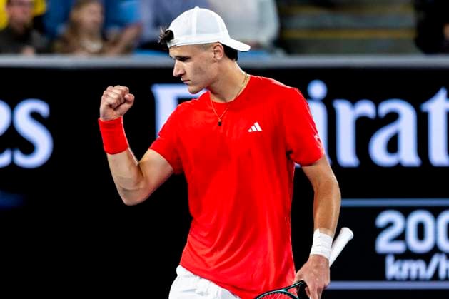 MELBOURNE, VIC - JANUARY 15: Jakub Mensik of Czechia celebrates during Round 2 of the 2025 Australian Open on January 15 2025, at Melbourne Park in Melbourne, Australia. (Photo by Jason Heidrich Icon Sportswire) TENNIS: JAN 15 Australian Open EDITORIAL USE ONLY Icon250115182