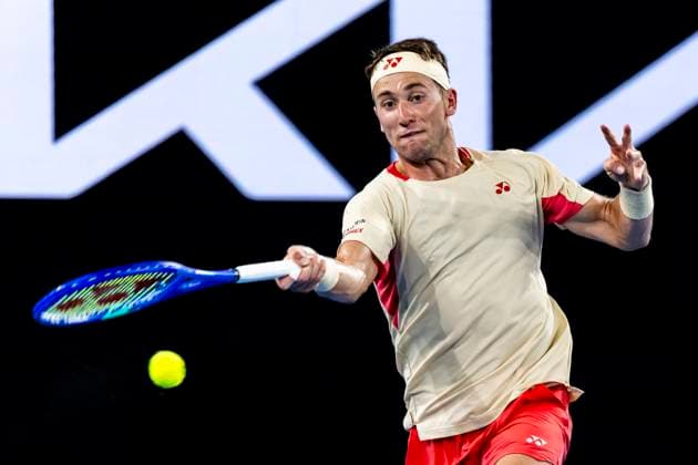 MELBOURNE, VIC - JANUARY 15: Casper Ruud of Norway in action during Round 2 of the 2025 Australian Open on January 15 2025, at Melbourne Park in Melbourne, Australia. (Photo by Jason Heidrich Icon Sportswire) TENNIS: JAN 15 Australian Open EDITORIAL USE ONLY Icon250115197