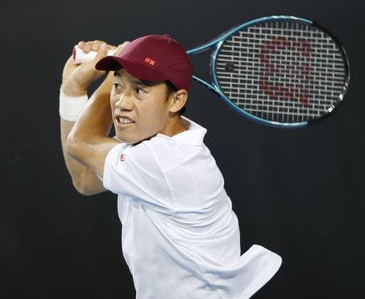 Tennis: Australian Open Kei Nishikori of Japan plays against Tommy Paul of the United States in the second round of the men s singles at the Australian Open tennis tournament in Melbourne on Jan. 15, 2025.  A14AA0003984434P