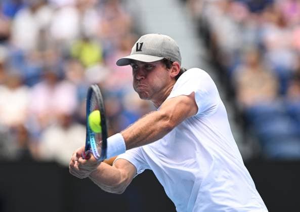TENNIS AUSTRALIAN OPEN, Tristian Boyer of USA returns during his round 2 match against Alex De Minaur of Australia during the 2025 Australian Open at Melbourne Park in Melbourne, Thursday, January 16, 2025. ( NO ARCHIVING, EDITORIAL USE ONLY, NO USE IN BOOKS WITHOUT CONSENT MELBOURNE VICTORIA AUSTRALIA  Copyright: xLUKASxCOCHx 20250116161787265604