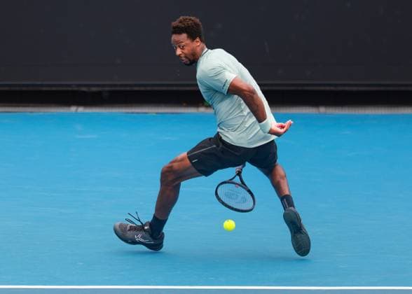 Gael Monfils plays a tweener, Series, Australian Open 2024, Melbourne Park, Melbourne, Victoria, Australia Copyright: xJuergenxHasenkopfx