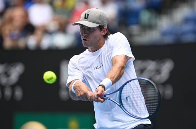 TENNIS AUSTRALIAN OPEN, Tristian Boyer of USA returns during his round 2 match against Alex De Minaur of Australia during the 2025 Australian Open at Melbourne Park in Melbourne, Thursday, January 16, 2025. ( NO ARCHIVING, EDITORIAL USE ONLY, NO USE IN BOOKS WITHOUT CONSENT MELBOURNE VICTORIA AUSTRALIA  Copyright: xLUKASxCOCHx 20250116154966998101