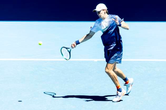 MELBOURNE, VIC - JANUARY 16: Alex de Minaur of Australia in action during Round 2 of the 2025 Australian Open on January 16 2025, at Melbourne Park in Melbourne, Australia. (Photo by Jason Heidrich Icon Sportswire) TENNIS: JAN 16 Australian Open EDITORIAL USE ONLY Icon250116083