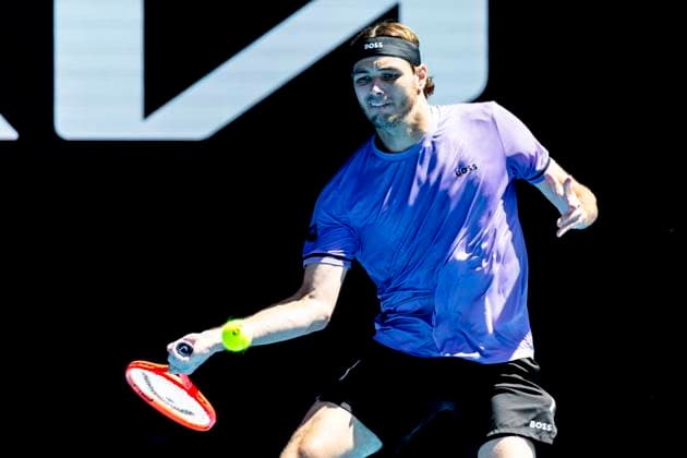 MELBOURNE, VIC - JANUARY 16: Taylor Fritz of the United States of America in action during Round 2 of the 2025 Australian Open on January 16 2025, at Melbourne Park in Melbourne, Australia. (Photo by Jason Heidrich Icon Sportswire) TENNIS: JAN 16 Australian Open EDITORIAL USE ONLY Icon250116121