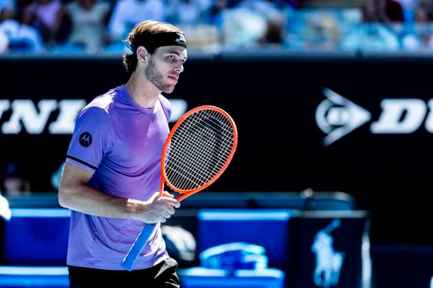 MELBOURNE, VIC - JANUARY 16: Taylor Fritz of the United States of America in action during Round 2 of the 2025 Australian Open on January 16 2025, at Melbourne Park in Melbourne, Australia. (Photo by Jason Heidrich Icon Sportswire) TENNIS: JAN 16 Australian Open EDITORIAL USE ONLY Icon250116127