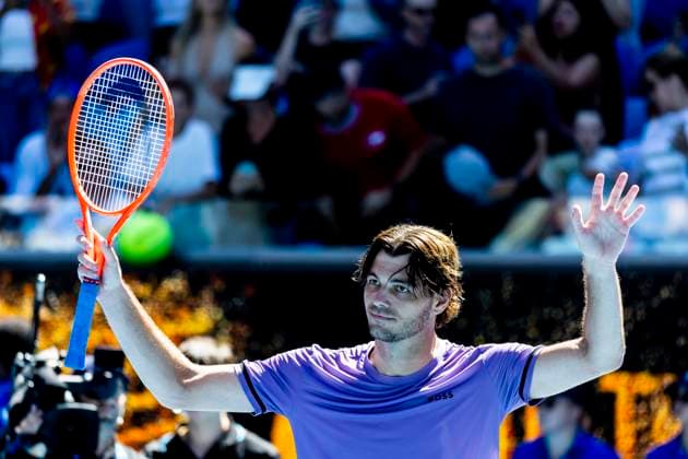 MELBOURNE, VIC - JANUARY 16: Taylor Fritz of the United States of America celebrates during Round 2 of the 2025 Australian Open on January 16 2025, at Melbourne Park in Melbourne, Australia. (Photo by Jason Heidrich Icon Sportswire) TENNIS: JAN 16 Australian Open EDITORIAL USE ONLY Icon250116141