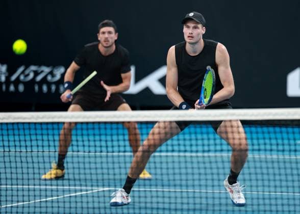Jakob Schnaitter cap turned upside down and Mark Wallner, Men s Doubles, Men s Doubles, Australian Open 2024, Melbourne Park, Melbourne, Victoria, Australia Copyright: xJuergenxHasenkopfx