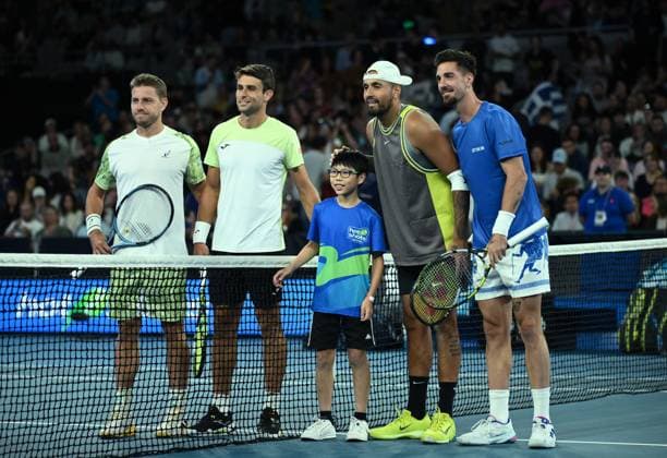 TENNIS AUSTRALIAN OPEN, L-R; Australian doubles pairs James Duckworth ,Aleksandar Vukic , Nick Kyrgios and Thanasi Kokkinakis pose for photographs prior to their round 1 Doubles match at the 2025 Australian Open at Melbourne Park in Melbourne, Thursday, January 16, 2025. ( NO ARCHIVING, EDITORIAL USE ONLY, NO USE IN BOOKS WITHOUT CONSENT MELBOURNE VICTORIA AUSTRALIA  Copyright: xJOELxCARRETTx 20250116145980405898