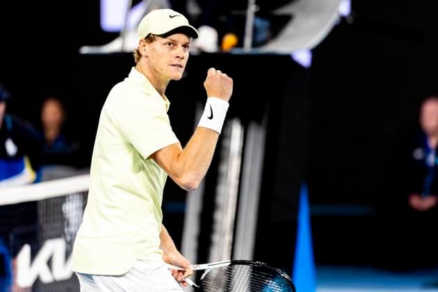 MELBOURNE, VIC - JANUARY 16: Jannik Sinner of Italy celebrates during Round 2 of the 2025 Australian Open on January 16 2025, at Melbourne Park in Melbourne, Australia. (Photo by Jason Heidrich Icon Sportswire) TENNIS: JAN 16 Australian Open EDITORIAL USE ONLY Icon250116223