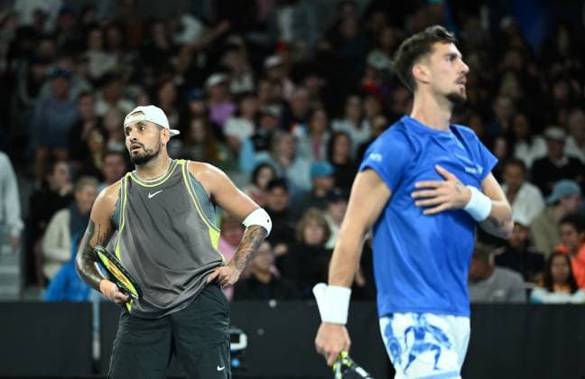 Sport Bilder des Tages TENNIS AUSTRALIAN OPEN, Thanasi Kokkinakis and Nick Kyrgios of Australia during their round 1 Doubles match against James Duckworth and Aleksandar Vukic of Australia during the 2025 Australian Open at Melbourne Park in Melbourne, Thursday, January 16, 2025. ( NO ARCHIVING, EDITORIAL USE ONLY, NO USE IN BOOKS WITHOUT CONSENT MELBOURNE VICTORIA AUSTRALIA  Copyright: xJOELxCARRETTx 20250116110524338698