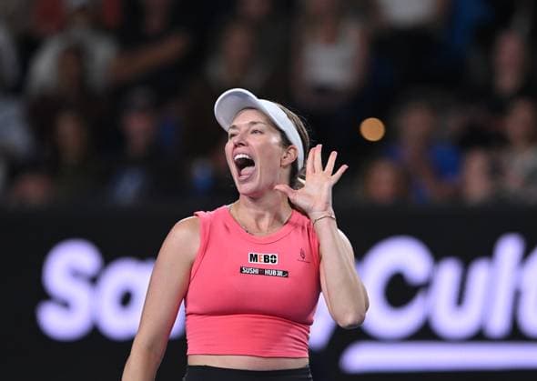 TENNIS AUSTRALIAN OPEN, Danielle Collins of USA reacts to the crowd after winning her round 2 match against Destanee Aiava of Australia during the 2025 Australian Open at Melbourne Park in Melbourne, Thursday, January 16, 2025. ( NO ARCHIVING, EDITORIAL USE ONLY, NO USE IN BOOKS WITHOUT CONSENT MELBOURNE VICTORIA AUSTRALIA  Copyright: xLUKASxCOCHx 20250116115807105958