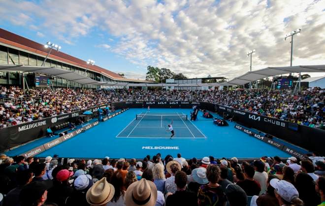 (250116) -- MELBOURNE, Jan. 16, 2025 -- Lorenzo Sonego (front) serves during the men s singles 2nd round match between Joao Fonseca of Brazil and Lorenzo Sonego of Italy at Australian Open tennis tournament in Melbourne, Australia, Jan. 16, 2025. ) (SP)AUSTRALIA-MELBOURNE-TENNIS-AUSTRALIAN OPEN-DAY 5 MaxPing 