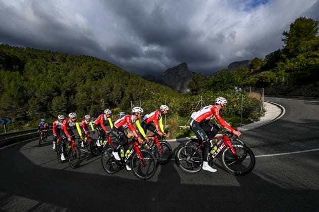 Intermarche Wanty Cycling Team Winter Training Camp {year} L ALFAS DEL PI, SPAIN - JANUARY 16 : Riders of Intermarche - Wanty with Thijssen Gerben (BEL) of Intermarche - Wanty, Braet Vito (BEL) of Intermarche - Wanty, Van Sintmaartensdijk Roel (NED) of Intermarche - Wanty, Artz Huub (NED) of Intermarche - Wanty, Rex Laurenz (BEL) of Intermarche - Wanty pictured during a training session at the Intermarche Wanty UCI World Team winter stage camp as part of the preparation for the new 2025 season on January 16, 2025 in L Alfas del Pi, Spain, 16 01 2025 L Alfas del Pi Spain  Copyright: xVincentxKalutx