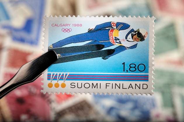 Finnish commemorative stamp from 1988. Matti Nykänen Finnish commemorative stamp from 1988. Matti Nykänen, the ski jumper that won three gold medals in the 1988 olympic Winter games, Winterspiele,Spiele, Summer games in Calgary. (License=RM) 2277000 ,model released, Symbolfoto Copyright: xZoonar.com J.xSandvikx 2277000 ,model released, Symbolfoto ,property released