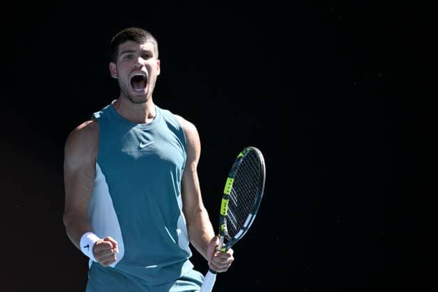 TENNIS AUSTRALIAN OPEN, Carlos Alcaraz of Spain celebrates his round three win over Nuno Borges of Portugal during the 2025 Australian Open at Melbourne Park in Melbourne, Friday, January 17, 2025. ( NO ARCHIVING, EDITORIAL USE ONLY, NO USE IN BOOKS WITHOUT CONSENT MELBOURNE VICTORIA AUSTRALIA  Copyright: xJOELxCARRETTx 20250117130605477474