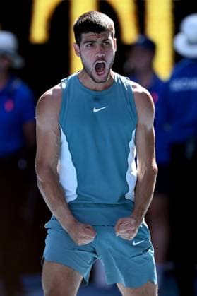 TENNIS AUSTRALIAN OPEN, Carlos Alcaraz of Spain celebrates his round three win over Nuno Borges of Portugal during the 2025 Australian Open at Melbourne Park in Melbourne, Friday, January 17, 2025. ( NO ARCHIVING, EDITORIAL USE ONLY, NO USE IN BOOKS WITHOUT CONSENT MELBOURNE VICTORIA AUSTRALIA  Copyright: xJOELxCARRETTx 20250117199312491410