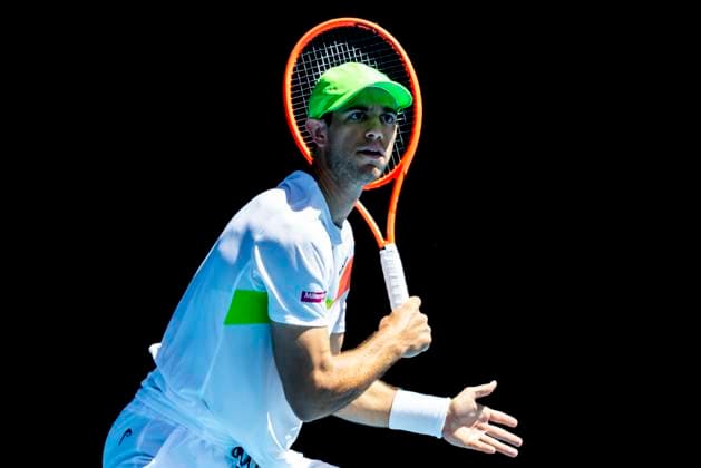 MELBOURNE, VIC - JANUARY 17: Nuno Borges of Portugal in action during Round 3 of the 2025 Australian Open on January 17 2025, at Melbourne Park in Melbourne, Australia. (Photo by Jason Heidrich Icon Sportswire) TENNIS: JAN 17 Australian Open EDITORIAL USE ONLY Icon250117089