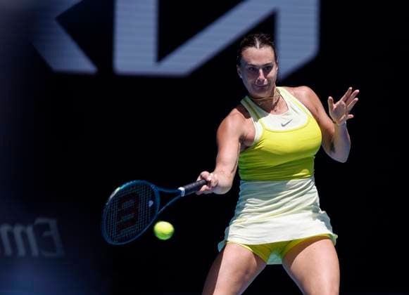 (250117) -- MELBOURNE, Jan. 17, 2025 -- Aryna Sabalenka hits a return during the women s singles 3rd round match between Aryna Sabalenka of Belarus and Clara Tauson of Denmark at Australian Open tennis tournament in Melbourne, Australia, Jan. 17, 2025. ) (SP)AUSTRALIA-MELBOURNE-TENNIS-AUSTRALIAN OPEN-DAY 6 MaxPing 
