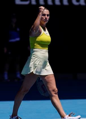 (250117) -- MELBOURNE, Jan. 17, 2025 -- Aryna Sabalenka celebrates during the women s singles 3rd round match between Aryna Sabalenka of Belarus and Clara Tauson of Denmark at Australian Open tennis tournament in Melbourne, Australia, Jan. 17, 2025. ) (SP)AUSTRALIA-MELBOURNE-TENNIS-AUSTRALIAN OPEN-DAY 6 MaxPing 