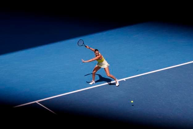 (250117) -- MELBOURNE, Jan. 17, 2025 -- Aryna Sabalenka hits a return during the women s singles 3rd round match between Aryna Sabalenka of Belarus and Clara Tauson of Denmark at Australian Open tennis tournament in Melbourne, Australia, Jan. 17, 2025. ) (SP)AUSTRALIA-MELBOURNE-TENNIS-AUSTRALIAN OPEN-DAY 6 MaxPing 