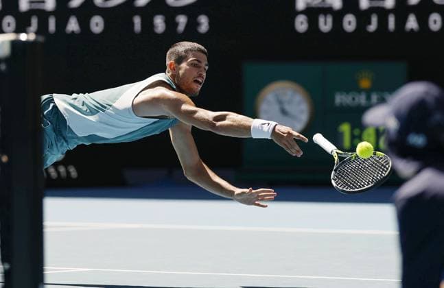 Tennis: Australian Open Carlos Alcaraz of Spain plays against Nuno Borges of Portugal in the third round of the men s singles at the Australian Open tennis tournament in Melbourne on Jan. 17, 2025.  A14AA0003994173P