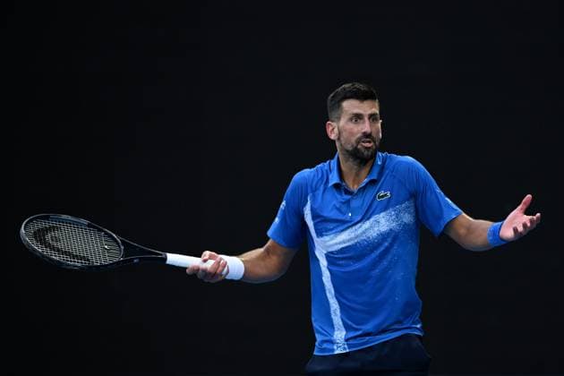 TENNIS AUSTRALIAN OPEN, Novak Djokovic of Serbia reacts during his round three match against Tomas Machac of Czechia during the 2025 Australian Open at Melbourne Park in Melbourne, Friday, January 17, 2025. ( NO ARCHIVING, EDITORIAL USE ONLY, NO USE IN BOOKS WITHOUT CONSENT MELBOURNE VICTORIA AUSTRALIA  Copyright: xJAMESxROSSx 20250117148695932015
