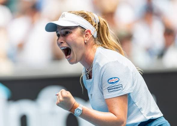 (250117) -- MELBOURNE, Jan. 17, 2025 -- Donna Vekic celebrates scoring during the women s singles 3rd round match between Diana Shnaider of Russia and Donna Vekic of Croatia at Australian Open tennis tournament in Melbourne, Australia, Jan. 17, 2025. (Photo by Xinhua) (SP)AUSTRALIA-MELBOURNE-TENNIS-AUSTRALIAN OPEN-DAY 6 HuxJingchen 