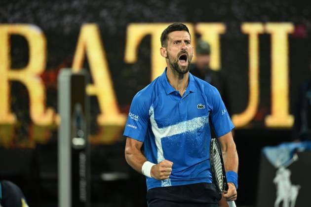TENNIS AUSTRALIAN OPEN, Novak Djokovic of Serbia celebrates match point during his round three win over Tomas Machac of Czechia during the 2025 Australian Open at Melbourne Park in Melbourne, Friday, January 17, 2025. ( NO ARCHIVING, EDITORIAL USE ONLY, NO USE IN BOOKS WITHOUT CONSENT MELBOURNE VICTORIA AUSTRALIA  Copyright: xJAMESxROSSx 20250117151031750890