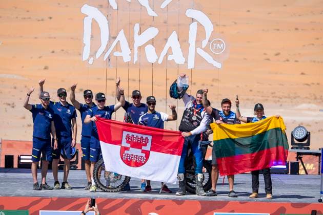 DAKAR 2025 - CEREMONY AND FINISH PODIUM 130 JUCIUS Nerimantas (ltu), Husqvarna, HT Rally Raid, Motul, FIM W2RC, Rally2, action during the Ceremony and Finish Podium of the Dakar 2025 on January 17, 2025 in Subaytah, Saudi Arabia - SubaytahSaudi Arabia  Copyright: xJULIENxDELFOSSEx