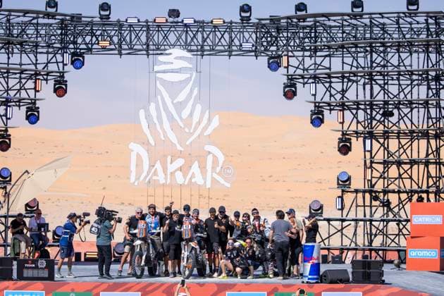 DAKAR 2025 - CEREMONY AND FINISH PODIUM 114 BARNARD Dwain (zaf), KTM, Nomade Racing, FIM W2RC, Rally2, 43 DALBEC Julien (fra), KTM, Nomade Racing, FIM W2RC, Rally2, 128 BIANUCCI Max (fra), Husqvarna, Nomade Racing, FIM W2RC, Rally2, action during the Ceremony and Finish Podium of the Dakar 2025 on January 17, 2025 in Subaytah, Saudi Arabia - SubaytahSaudi Arabia Copyright: xJULIENxDELFOSSEx