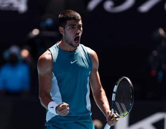 (250117) -- MELBOURNE, Jan. 17, 2025 -- Carlos Alcaraz celebrates during the men s singles third round match between Carlos Alcaraz of Spain and Nuno Borges of Portugal at Australian Open tennis tournament in Melbourne, Australia, Jan. 17, 2025. ) (SP)AUSTRALIA-MELBOURNE-TENNIS-AUSTRALIAN OPEN-DAY 6 MaxPing 