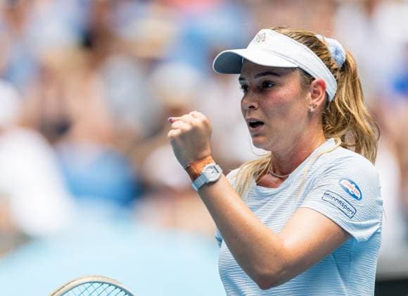 (250117) -- MELBOURNE, Jan. 17, 2025 -- Donna Vekic celebrates scoring during the women s singles 3rd round match between Diana Shnaider of Russia and Donna Vekic of Croatia at Australian Open tennis tournament in Melbourne, Australia, Jan. 17, 2025. (Photo by Xinhua) (SP)AUSTRALIA-MELBOURNE-TENNIS-AUSTRALIAN OPEN-DAY 6 HuxJingchen 
