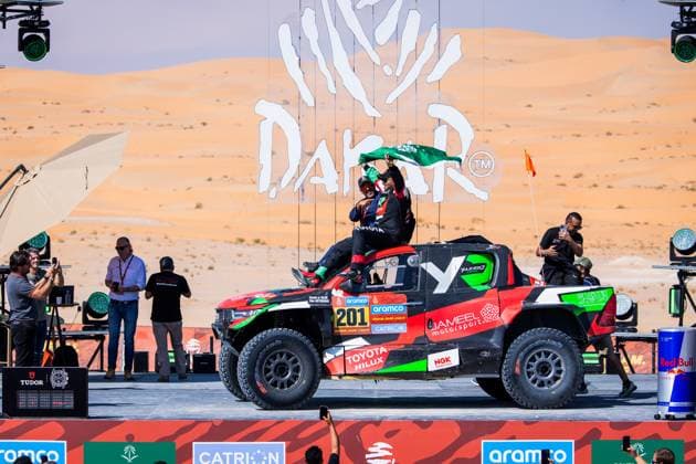 DAKAR 2025 - CEREMONY AND FINISH PODIUM 201 AL RAJHI Yazeed (sau), GOTTSCHALK Timo (ger), Toyota, Yazeed Racing, Overdrive Racing, FIA W2RC, Ultimate, celebrates his win during the Ceremony and Finish Podium of the Dakar 2025 on January 17, 2025 in Subaytah, Saudi Arabia - SubaytahSaudi Arabia  Copyright: xJULIENxDELFOSSEx