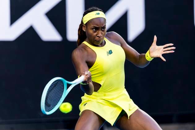 MELBOURNE, VIC - JANUARY 17: Coco Gauff of the United States of America in action during Round 3 of the 2025 Australian Open on January 17 2025, at Melbourne Park in Melbourne, Australia. (Photo by Jason Heidrich Icon Sportswire) TENNIS: JAN 17 Australian Open EDITORIAL USE ONLY Icon250117208